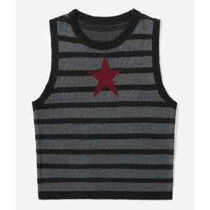 Striped Star Print Sweater Vest Gray Black Stripes Red Star Sleeveless S-L Avail